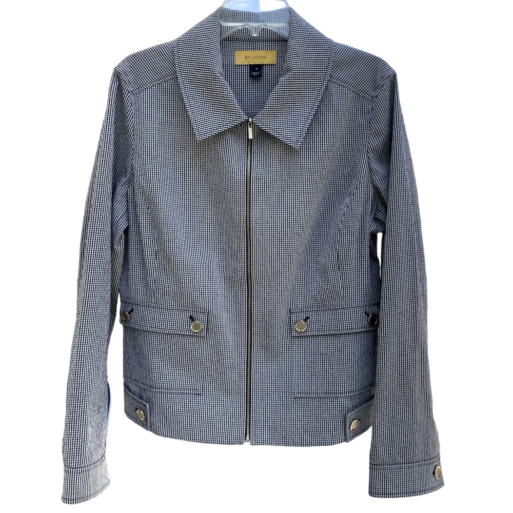 ST. JOHN Yellow Label Navy & White Checkered Gingham Front Zip Up Jacket Size 14